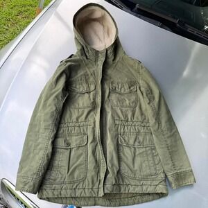 Khaki and green military hooded Sherpa lined jacket